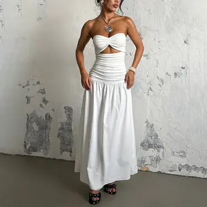 YJ24627PFO-White Dress, Spring Break Womens Elegant Off-shoulder Slim-fitting Long Dress, Tube Top Hollow A-Line Holiday Casual Dress for Women