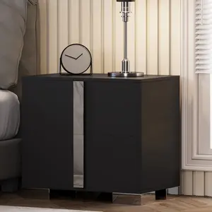 ARCH Modern End Table with Drawers and Mirrored Handles Elegant Nightstand with Sturdy Metal Foot Wood Bedside Sofa Side Table for Bedroom Living Room Office Home Decor Storage Black