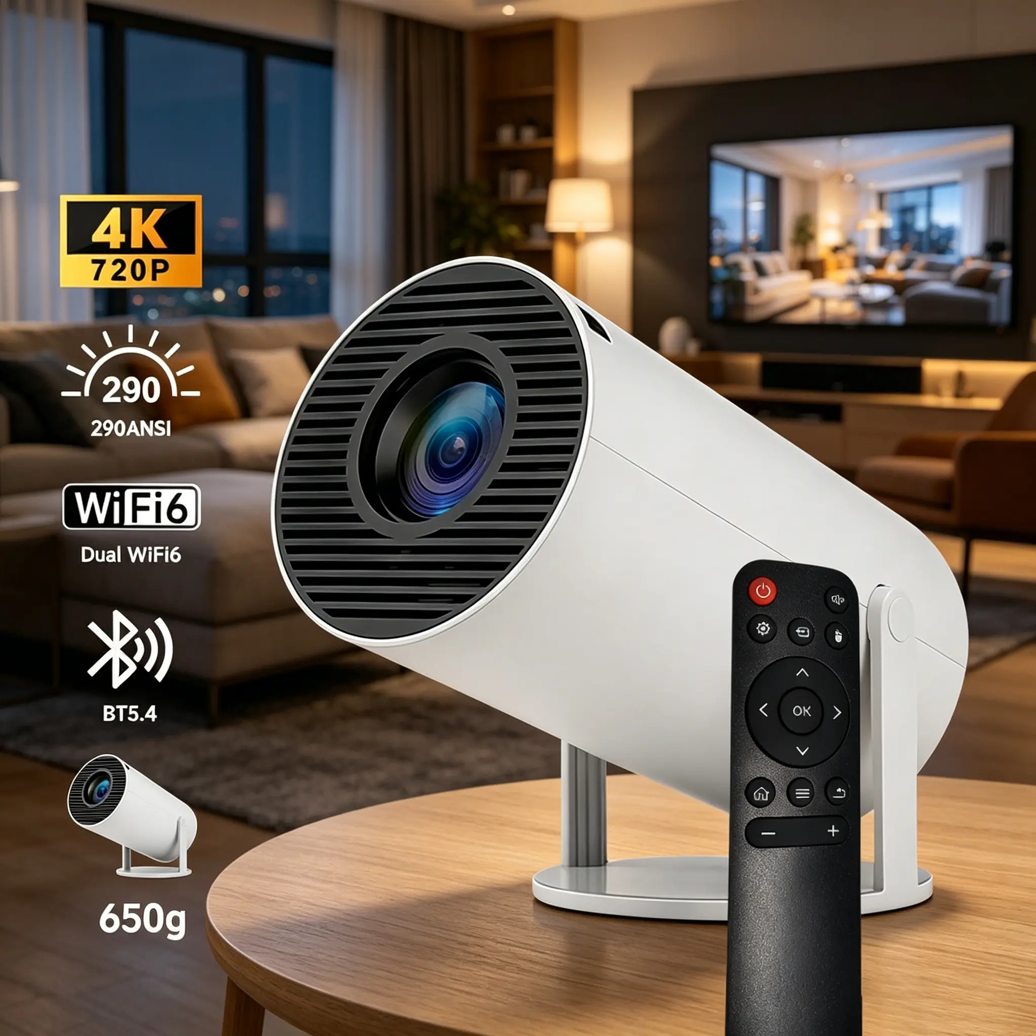 Mini Portable Tabletop Pico Home Cinema Projector - 720P Full HD LED, 290 Lumens, BT5.4 Bluetooth, WiFi, Android OS, Auto Keystone, 180° Rotatable, 130" Screen, Built-in Audio Speaker, Remote Control, Ceiling Mount-Compatible, Essential for Game, Home Use
