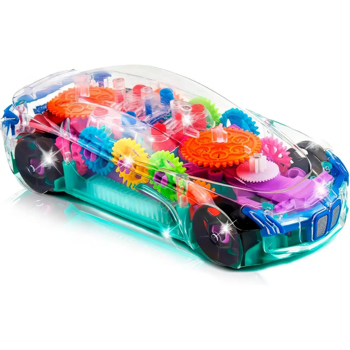 ArtCreativity Bump & Go Multifunctional Car Toy for Kids - Transparent Model Vehicle with Moving Gears, Music, LED Lights, Cool Kids' Gift