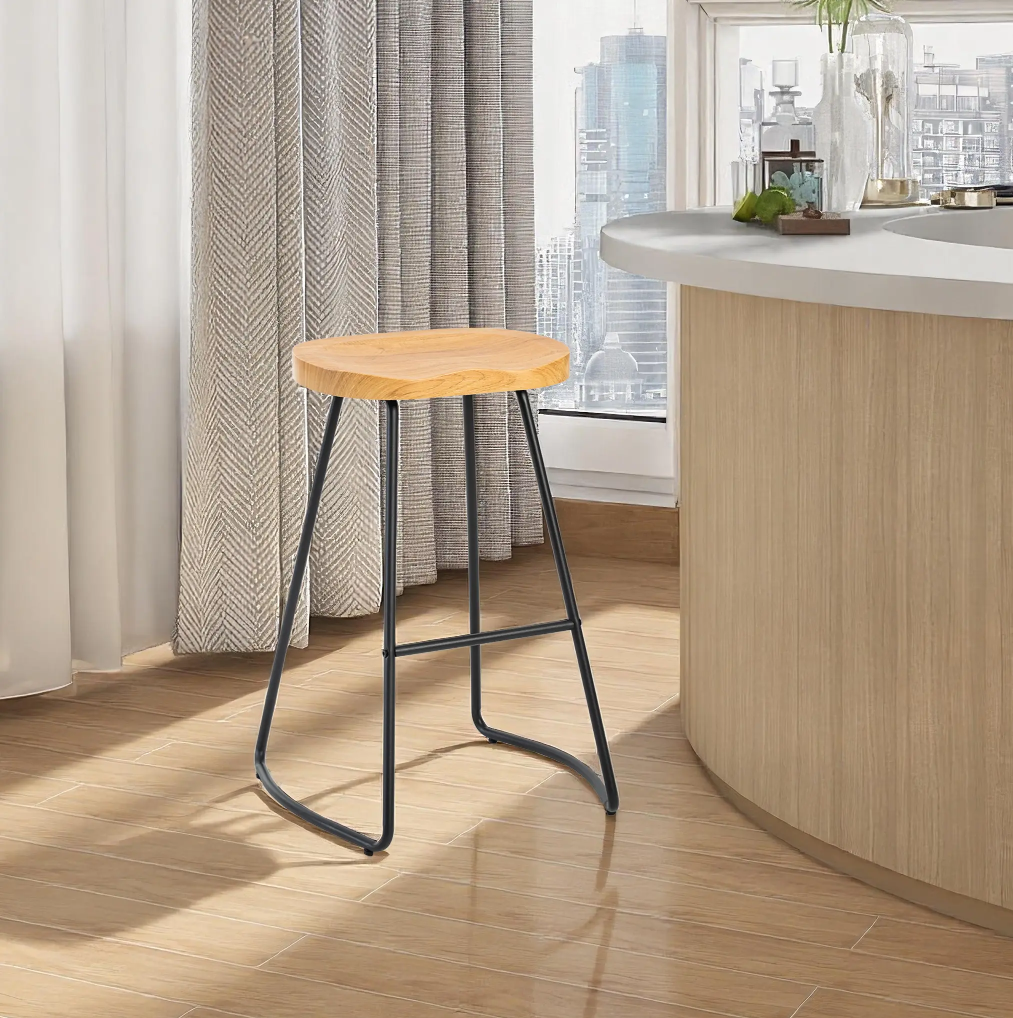 Sweetcrispy Rustic Backless Saddle-Seat Barstool Chair - Stable Metal Base, Sturdy Legs - Kitchen Island Stools with Saddle-Seat Ease
