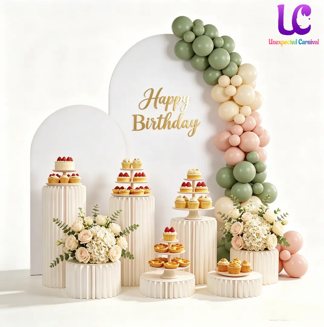 UNEXPECTED CARNIVAL Birthday Party Decoration Set - Foldable Paper Cylinder Pedestals with Arch & Backdrop, Modern Dessert Table Setup for Party&Birthday Celebration