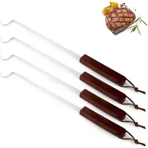 4 Pack 17 Inch Pigtail Food Flipper with Wooden Handle, Stainless Steel Meat Hook Turner Grill Tools, BBQ Turner for BBQ Ribs, Steak, Fish, Chicken, Sausage, Vegetables