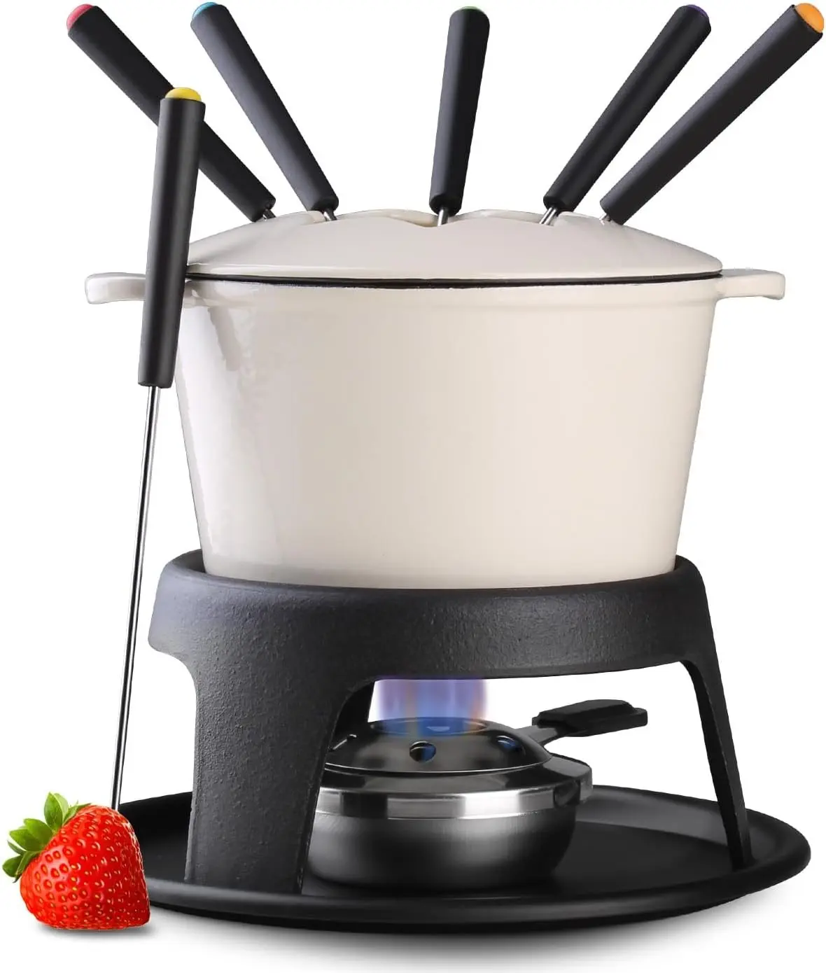 Cast Iron Fondue Pot Set for Chocolate Cheese, Swiss Fondue Set for Meat with 6 Fondue Forks, Camping Cheese Fondue Set Serves 6 Persons (White)