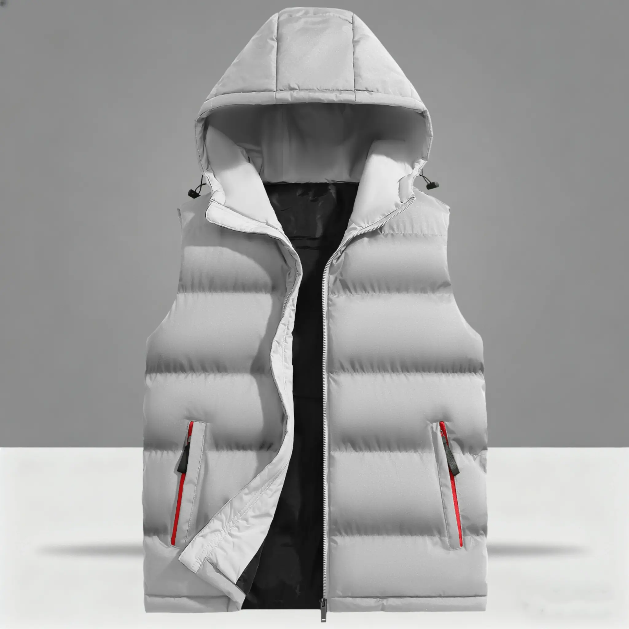 Men's Padded Hooded Vest, Casual Sleeveless Plain Polyester Top, Fitted Style with Adjustable Drawstrings and Red Zipper, Machine Washable, Tops, Pull On, Overall, Hood Fits Your Size, Simple Style, Easy To Style