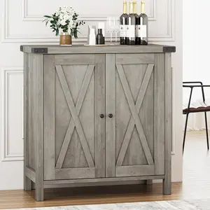 Farmhouse Grey Storage Buffet Cabinet with Sturdy Frame, Waterproof Top, Metal Handles, Doors and Shelves - Ideal for Living Room, Dining Room