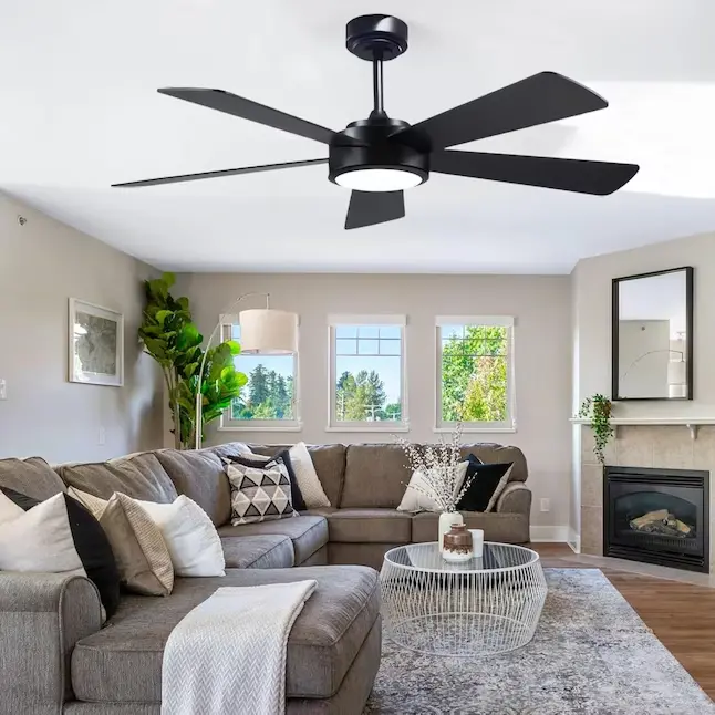 52 in Downrod Ceiling Fan with Light Ultra Quiet DC Motor 5 Plywood Dual Sided Blades Safety Cable Design Reversible 6 Speed Remote and App Control Dimmable LED for Bedroom and Living Room