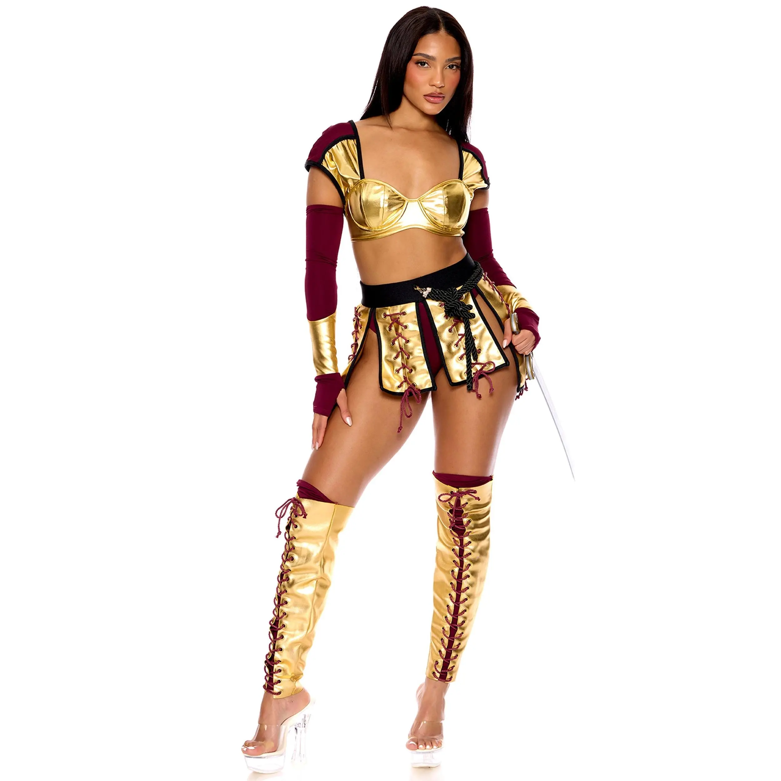 Women's Glamorous Roman Gladiator Costume, Halloween Outfit with Lace Top & Stockings Accessories, Leg, Lady, Metallic, Sexy, Costume Set