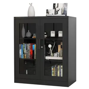 Yizosh Modern Metal Locking Display Cabinet with Glass Doors - 35.4" Storage Cabinet with 2 Adjustable Shelves for Home Office, Living Room