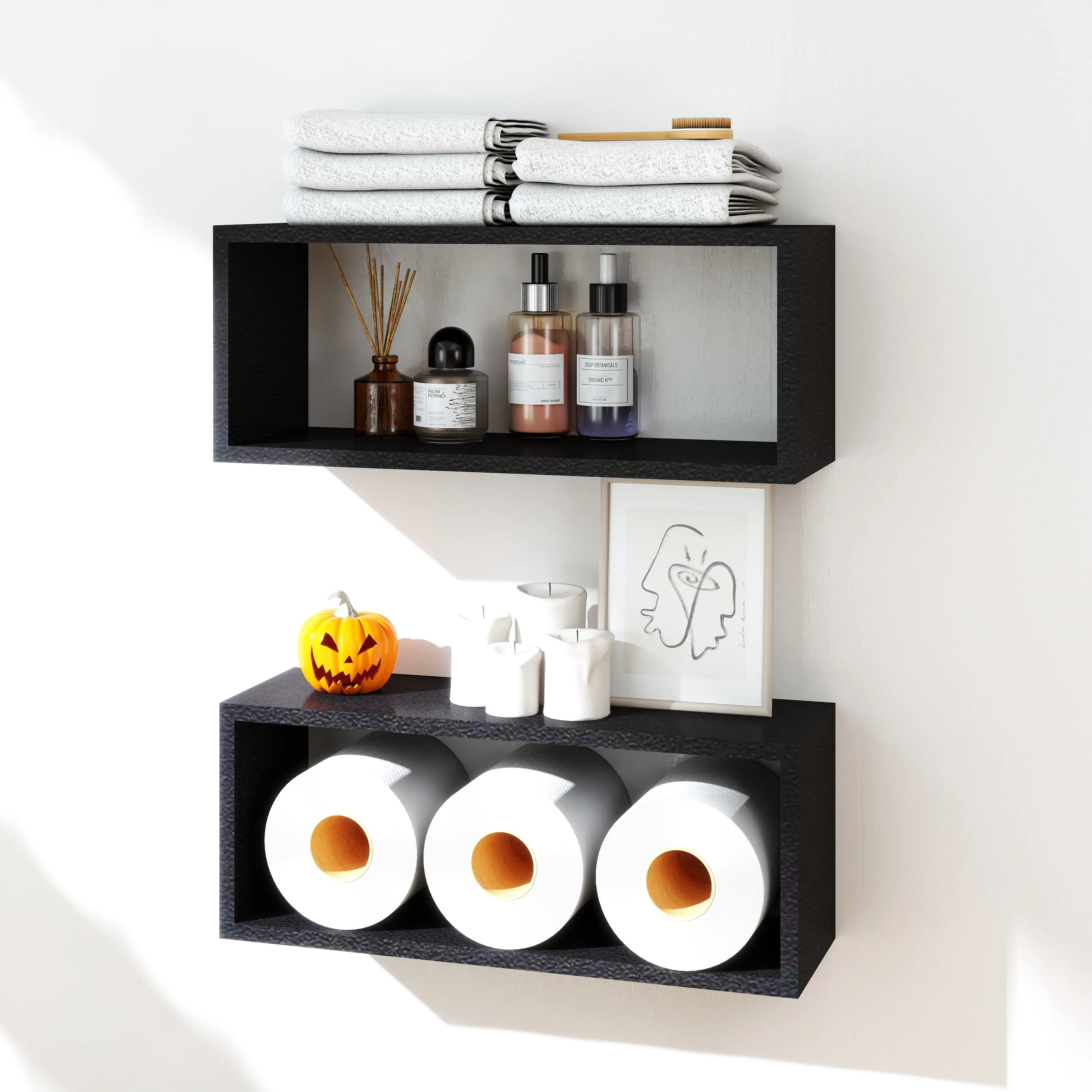 Floating Shelves Bathroom Set of 2 Black Wall Mounted Shelves for Toilet Above Bedroom Kitchen Living Room Decor Modern Storage Solution Wall Mountable Wall Hanging Fastener, Wooden Wall Shelf Wall Hook