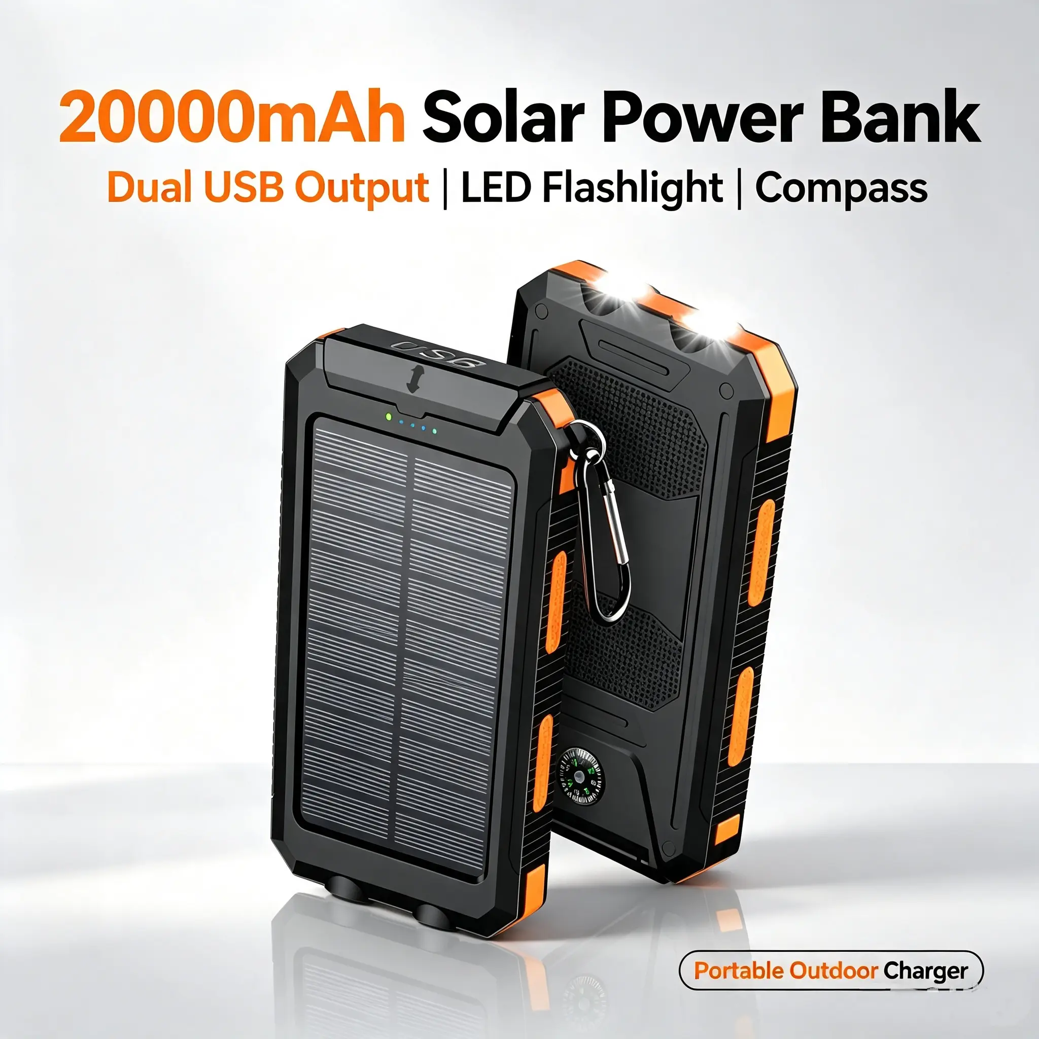 20000mAh Waterproof Solar Power Bank with Type-C Input-Output, Portable USB Phone Charger with Cable & Plug Compatibility, Camping-Hiking Accessory for Cameras, Lights, Gadgets