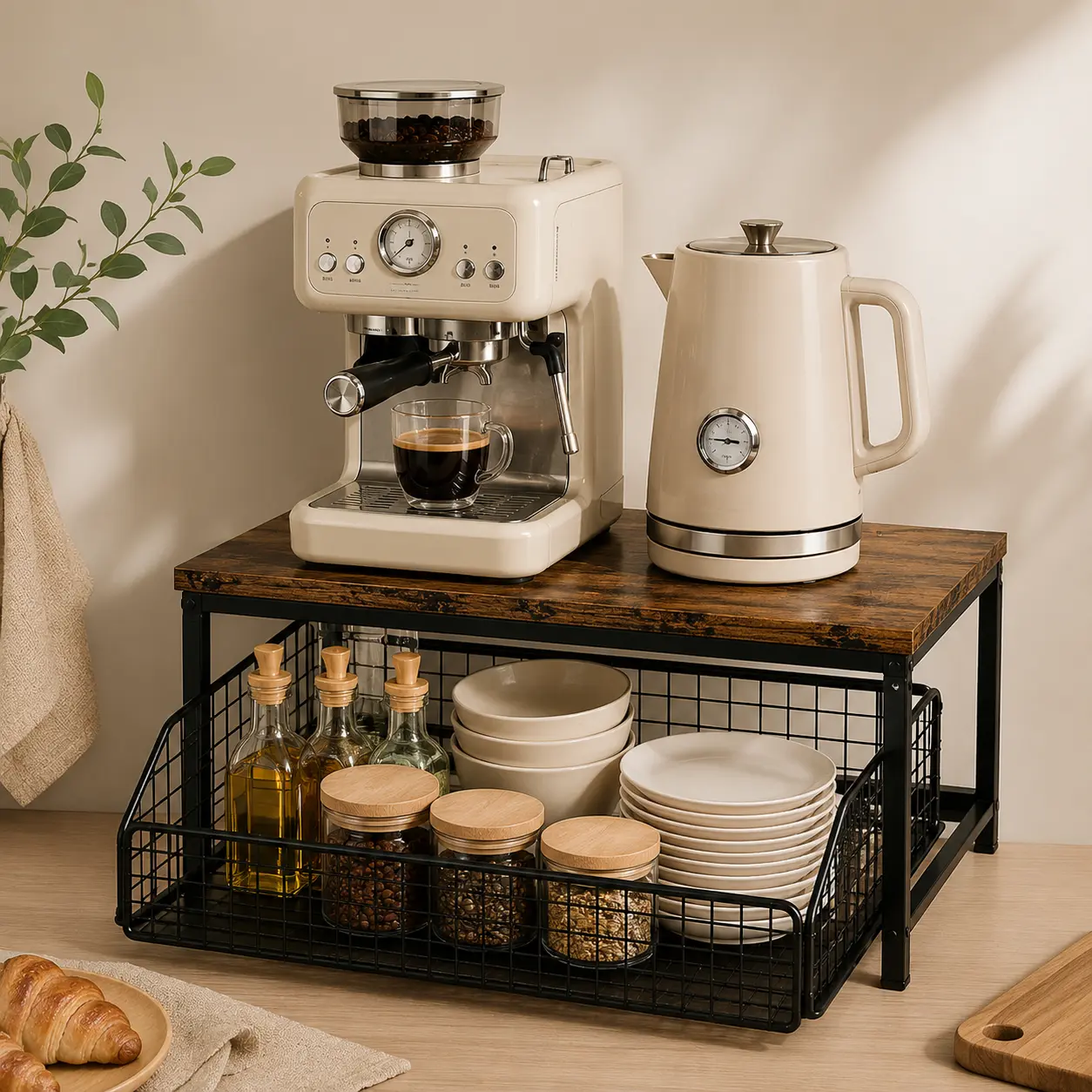 Multi-Purpose Countertop Organizer with Slide-Out Drawer, Wood Top & Metal Storage Basket, Printer Stand, Coffee Bar Organizer, Kitchen Counter Storage Rack for Home & Office