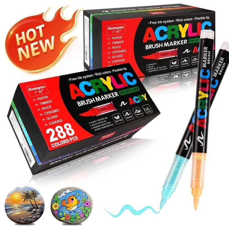 Guangna Waterproof Acrylic Markers Set, Liquid Acrylic Markers, Art Drawing Supplies, Diy Painting Supplies, Artist Supplies, Water-Based Paint Pens with Auto Ink Control & Brush Tips, Markers for Coloring, Ideal for Rock Painting Canvas Art