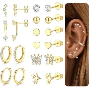 Versatile 20 Pcs Shining Sterling Silver Stud Earrings for Women Multiple Piercing 20G Dainty Heart Butterfly Star CZ Stud Earring Hypoallergenic Hoop Earrings Studs Cartilage Earring Sets Stacks for Women Men Christmas Gift