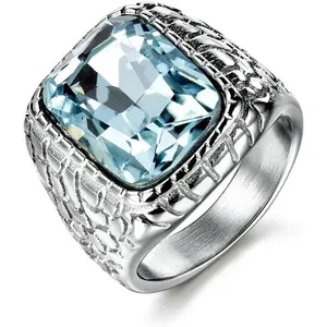 Anti Allergy 316L Stainless Steel Ring Man Synthetic Aquamarine Crystal Engagement Wedding Jewelry