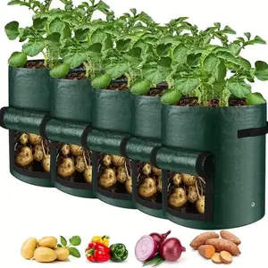 Potato Growing Bag, 5 Counts 7/10 Gallon Potato Planting Bag with Flap & Handle, Plant Container for Potato, Flower, Mushroom, Tomato & Vegetable, Stackable Vegetable Planters