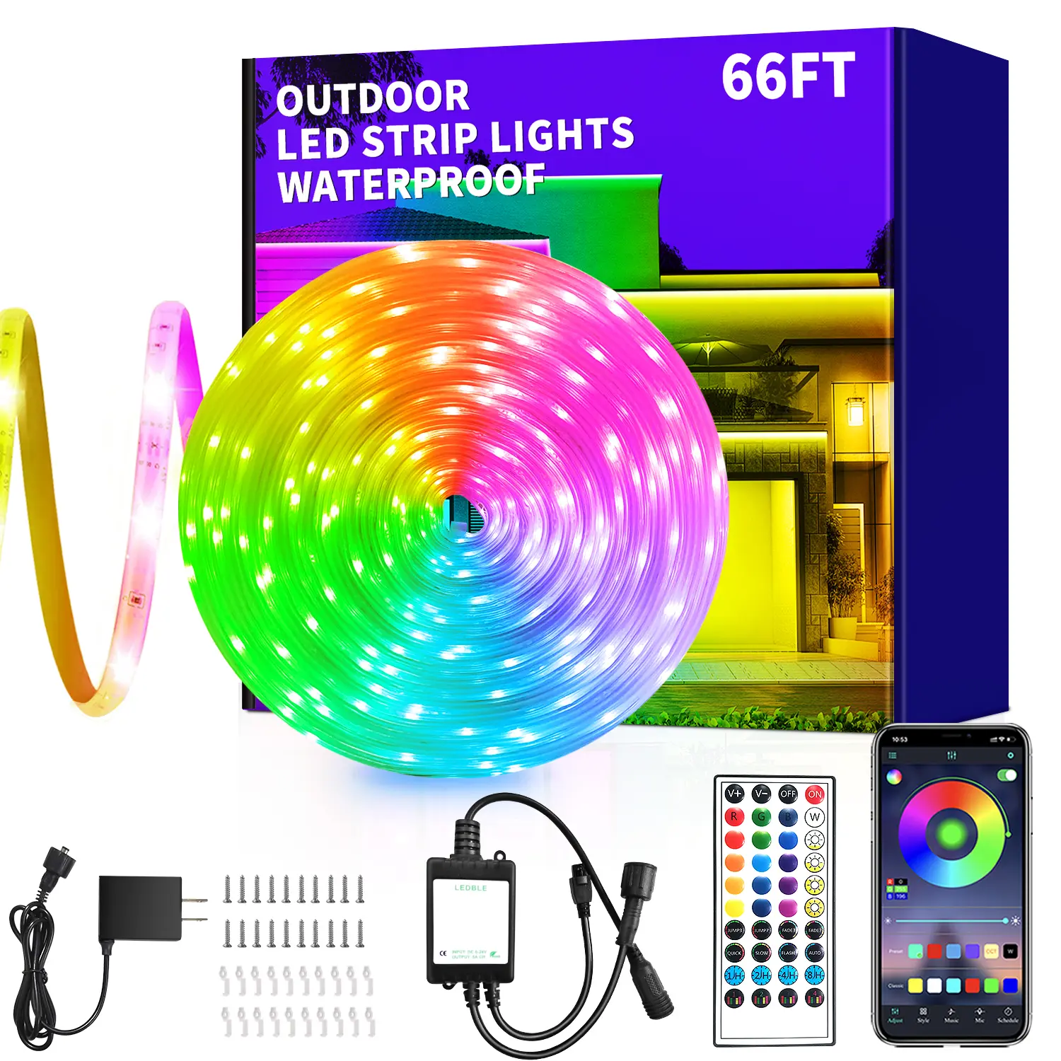 Yocrostar 66ft IP68 Waterproof RGB Smart LED Strip Lights, Remote & App Control, Music Sync Multicolor Rope Lights for Pool Deck, Balcony, Smart Led Lights, Rgb Waterproof Multicolor