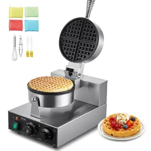 VEVOR Commercial Waffle Maker, Dual-Head Round Waffle Baker Machine, 2460W Non-Stick Stainless Steel Belgian Waffle Iron with Temp and Time Control, Handle, for Restaurant Bakery Snack Bar Family