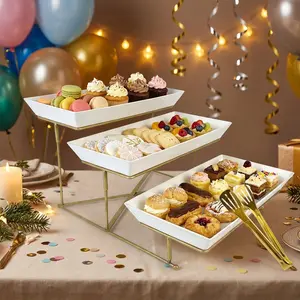 Sturdy Stylish 3-Tier White Plastic Serving Tray with Gold Stand, Multi-Functional Display & Dessert Server Set with Tongs, Elegant Buffet & Party Platter for Snacks, Fruits