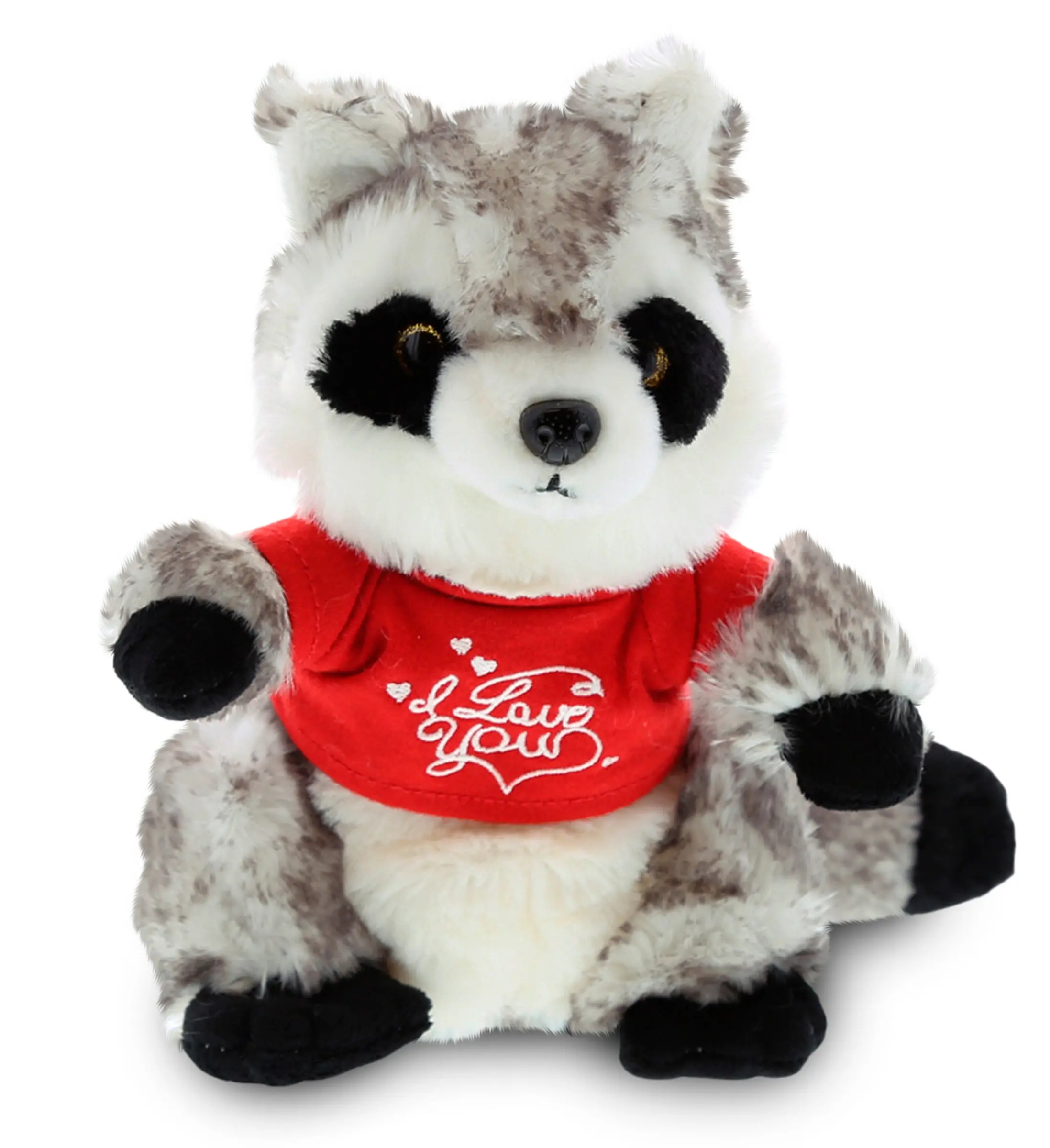 DOLLIBU Stuffed Raccoon Plush Toy - Durable Soft Fluffy Stuffed Animal with Embroidered "I Love You" Red Shirt, Cuddly Gift for Special Occasions (Fluffy Look), Stuffed Animals