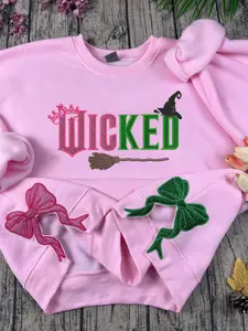 Wicked Glitter Side Bow Embroidered Sweatshirt, KMH Elphaba Glinda Defy Gravity, Wizard of Oz Movie Fan Shirt, Wicked Changed For Good