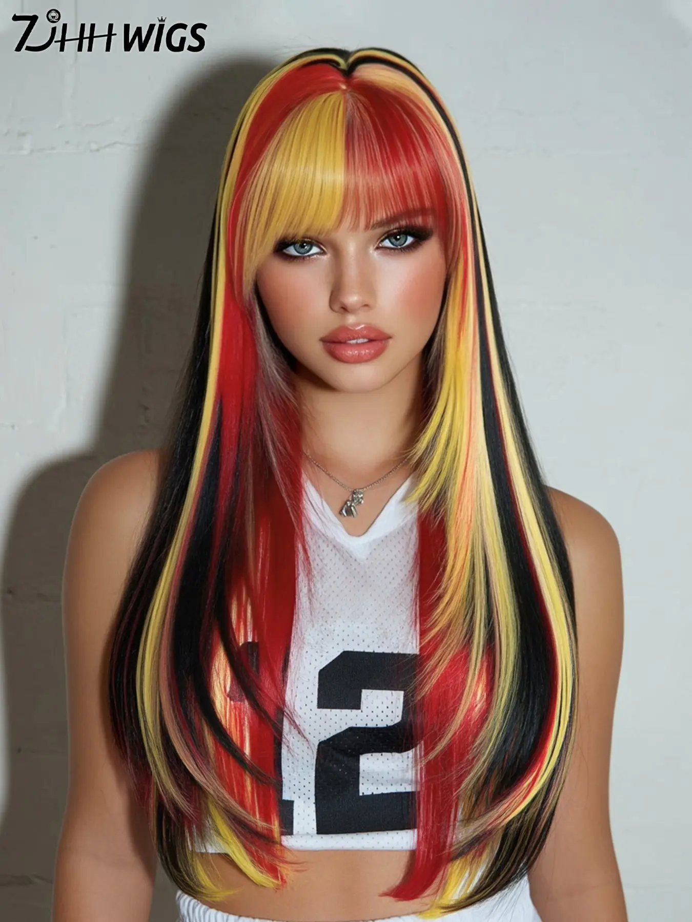 Black Red & Gold Wigs for Women 26 Inch Long Straight Wig with Bangs Party Wig Synthetic Heat Resistant Wig for festival Fan Zone Support Synthetic Straight Hair