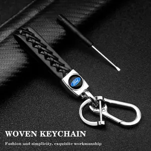 Ford Car Woven Leather Keychain, Comfortable Grip, Handmade, Tool Included, Anti-Loss Luxurious Key Holder, Durable Material, Unisex Design, High-End Car Accessory
