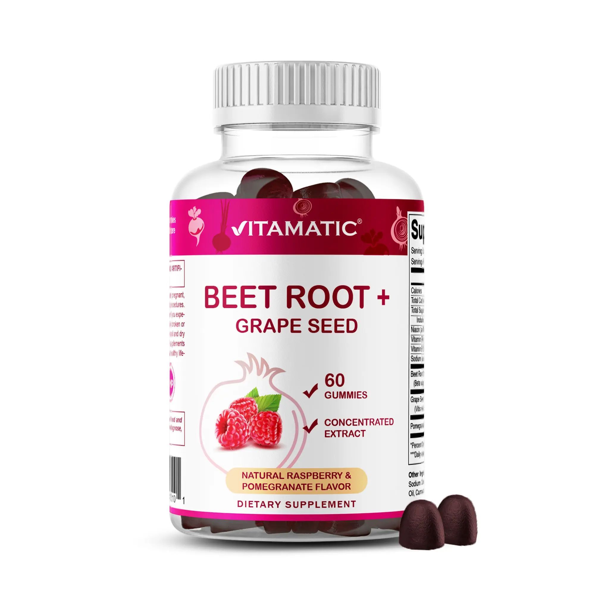 Vitamatic Chewable Beet Root Vitamin Gummies with B6, B12, Grape Seed, Pomegranate, Nicotinamide, Raspberry - Plant-Based Extract - Vegan, Non-GMO - Dietary Cardiovascular Function Botanical Supplement - 60 Count
