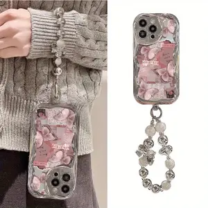 Electroplated Silver Phone Case with Curved Edge and Pearl Strap Design Drop-Proof Durable Unique Pattern Compatible with iPhone 17 16 15 14 13 12 11 Pro Max Plus XS Max XS XCute and Thick Phone Case for Mobile Phone