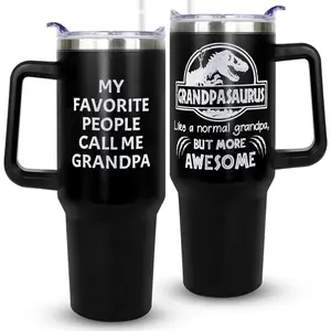 40oz Insulated Grandpasaurus Stainless Steel Tumbler - Skinny Vacuum Flask with Detachable Silicone Handle, Transparent Plastic Lid, Portable Straw, Water Bottle Set, Grandpa Gift from Grandkids for Birthday, Christmas