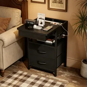 Modern Nightstand with Hidden Drawer & Charging Station – Functional Bedside Table Equipped with Built-in Charging Ports and Sliding Top Storage, Accent Side Cabinet with 2 Fabric Drawers, Multi-Purpose End Table for Dorms, Living Rooms and Bedrooms