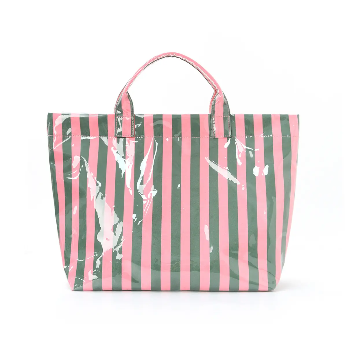 Beige-Pink Stripes PVC Tote Bag with Handle Opening - High-Capacity, Lightweight, Soft, Casual Hand Carry Bag for Commuters, Festive & Party Gift Supply