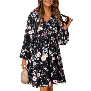 Womens Dresses 2025 Boho Floral V Neck Long Sleeve Smocked Elastic Waist Casual A-line Swing Mini Dress Sundress