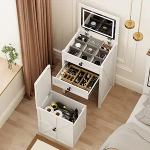 Miuvanity Farmhouse 3 in 1 Vanity with Mirror, 3-Color Adjustable Lighting, Cushioned Stool for Bedroom Organization & Beauty Routines