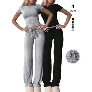 Women's 2 Piece Lounge Set, Slim Fit Short Sleeve Crewneck Top and Drawstring Wide Leg Pants Pajama Set, Basic Two-Piece Casual Wear, Suitable for Everyday Wear, Women's Clothing(Sheets)