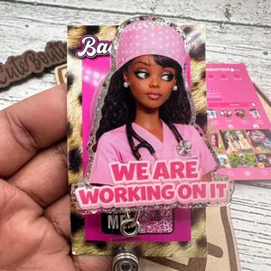 We are working on it Glitter Acrylic Badge Reel: Healthcare ID Clip