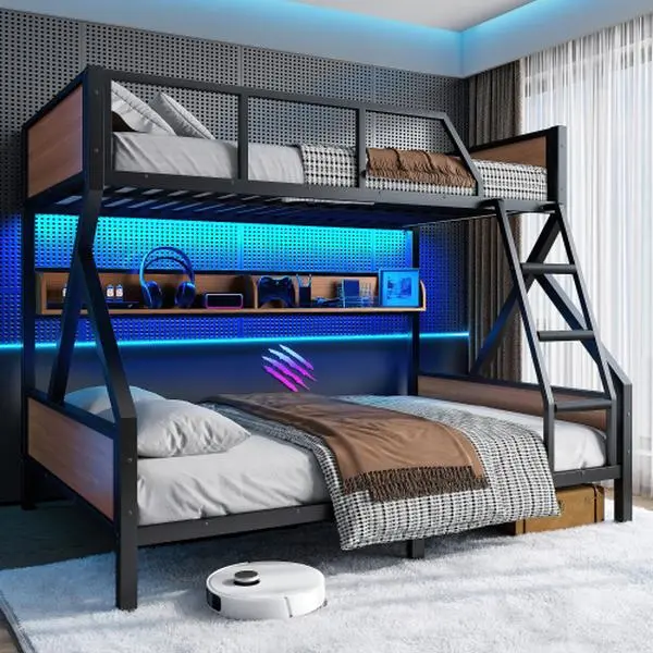 Bellemave  Bunk Bed with Storage Shelves & LED Lights, Metal Frame, Guardrails, Stairs, Headboards, Space-saving & Noise-free Design, Black