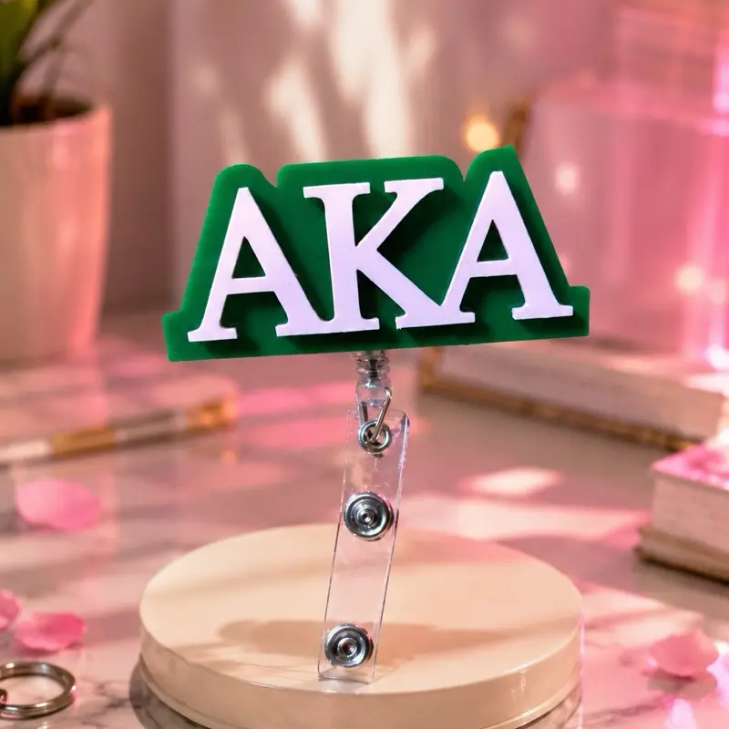 Alpha Kappa Alpha  Sorority Badge Reel - with Clear Retractable Alligator Clip or Belt Clip for Identification