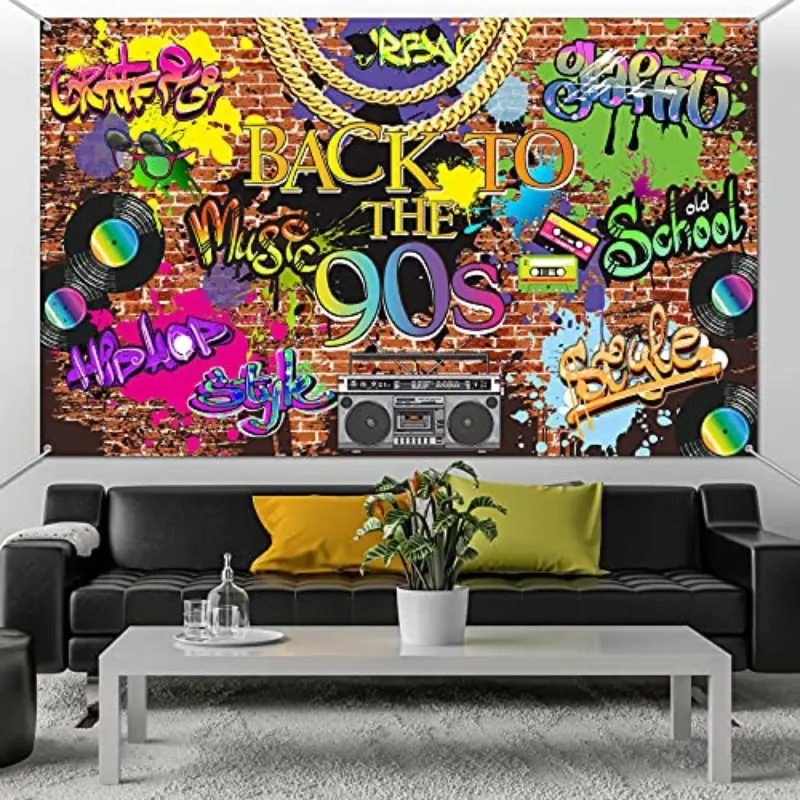 2D Flat Decorative Banner 1pc, 90s Background Hip Hop Graffiti Wall Vintage Radio Photography Backdrop, Retro Party Decoration Studio Prop, Decoration Banners
