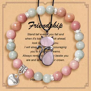 2PCS Jewelry&Card Gifts for Sister Best Friend, Natural Stone Heart Friendship Bracelets and Cat Necklace for Best Friend