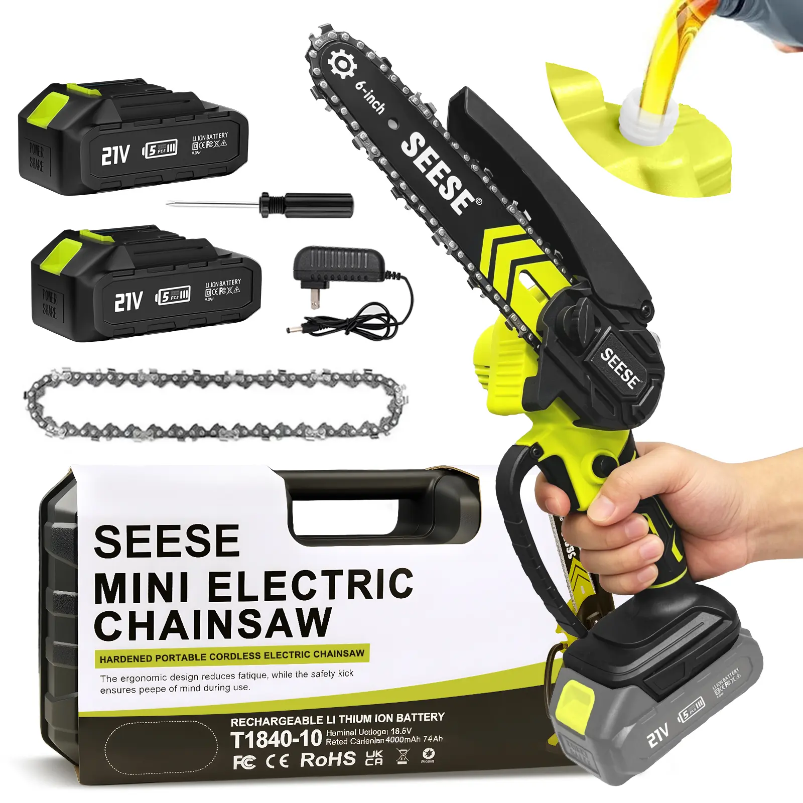 SEESE 6-Inch Brushless Mini Chainsaw with Oil System – Cordless Electric Saw for Wood Cutting, Pruning & Gardening | Lightweight & Easy Use