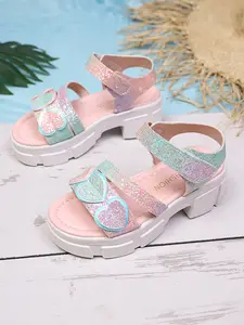New Kids' Thick Sole Sandals 2026, Gradient Glitter Sweet Dollar Design, Heart Decoration, Anti-Slip Bottom, Summer, Glitter Decorated Sandals, Sparkly Sandals