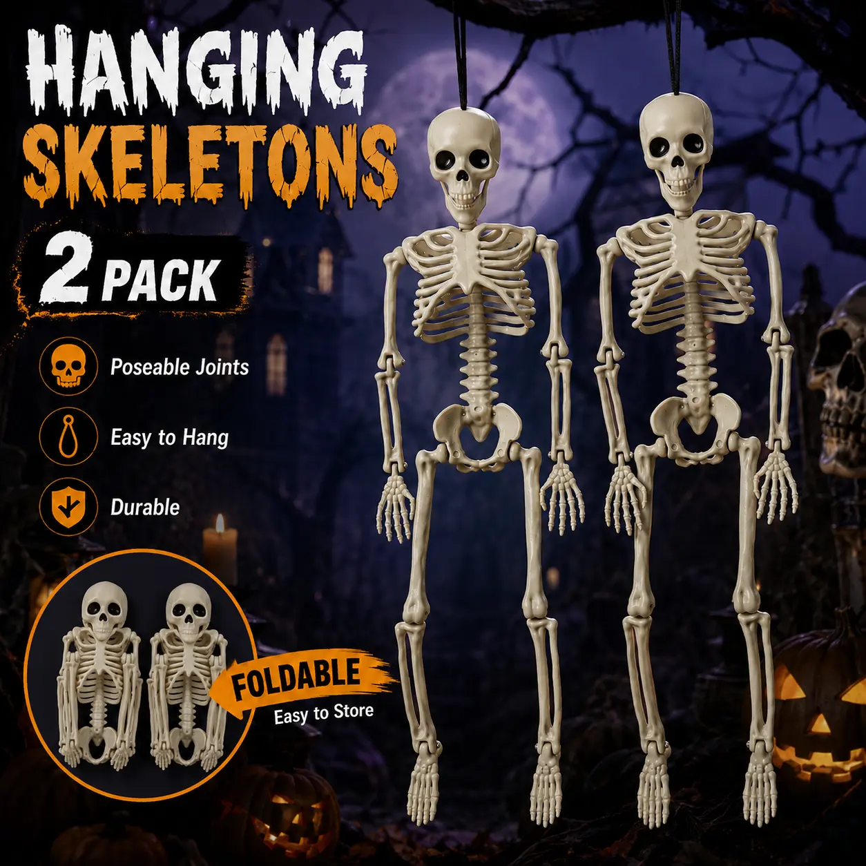 2 Packs 16" Posable Halloween Skeletons – Full Body Plastic Skeleton Decor with Movable Joints, Haunted House & Graveyard Party Props