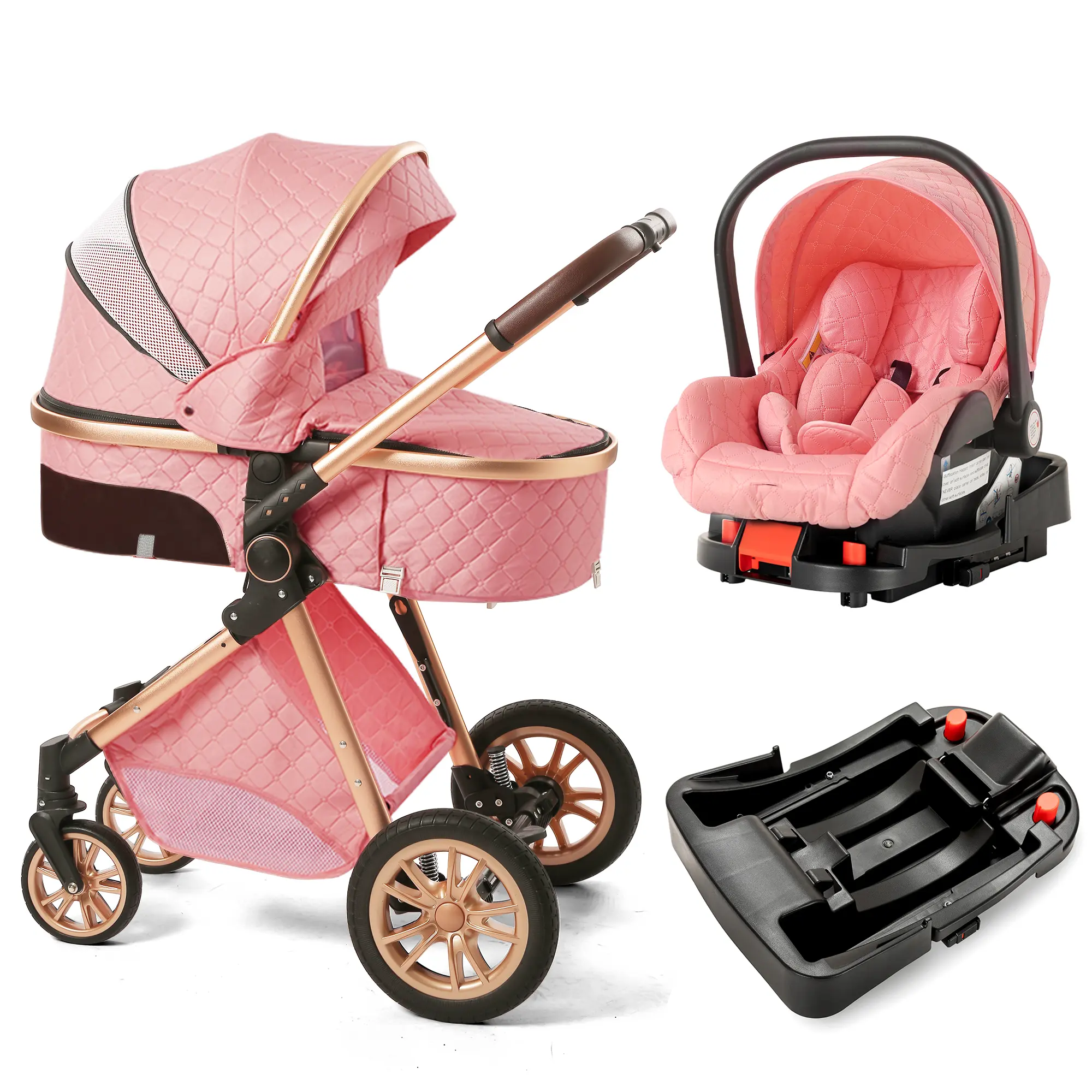 Luxury 3-in-1 High Landscape Baby Stroller Folding Pushchair with Reversible Seat Vista Pram for Comfortable Travel（with base）