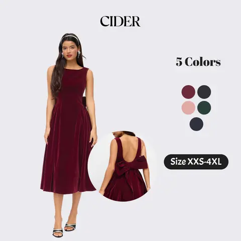 Cider Velvet Boat Neck Bowknot Backless Midi Dress
