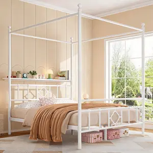 Raybee Vintage Canopy Bed Frame with Storage Headboard, Dual Purpose Queen Size Bed Frame with 4 Removable Posts, Metal Platform Bed Frame with Storage, Dual Purpose, No Box Spring Needed, NO Noise, Capacity 880lbs, Full, Twin, White, Black