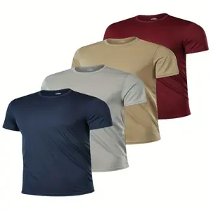 4pcs Men's Solid Color Breathable T-Shirts - Moisture-Wicking Quick-Dry Fabric, Regular Fit Round Neck Short Sleeve Tees for Spring/Summer, Casual Daily Wear (Navy, Light Grey, Red, Beige), Summer Clothing, Sleek Design, Nontransparent Mate shirt