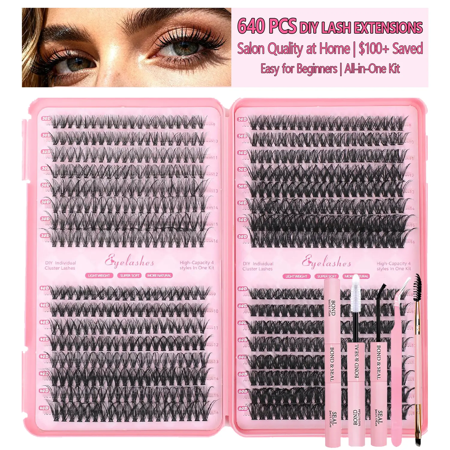 640 PCS Lash Clusters Kit, DIY Lash Extensions, Wispy Individual Lashes, Soft Reusable Lash Clusters with Bond & Seal and Tweezers, 9-16mm for Beginners mixed length