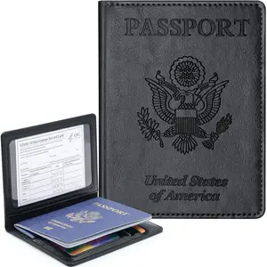 Passport and Vaccine Card Holder Combo PU Leather Travel Wallet Passport Holder with Vaccine Card Slot for Women Men-Black