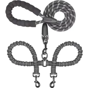 Double dog leash with anti-tangle design and shock absorption; durable nylon bungee lead with reflective strips; universal no-pull harness/leash for small, medium, and large dogs; pet supplies; rotating leash; bungee lead; reflective strip lead strap